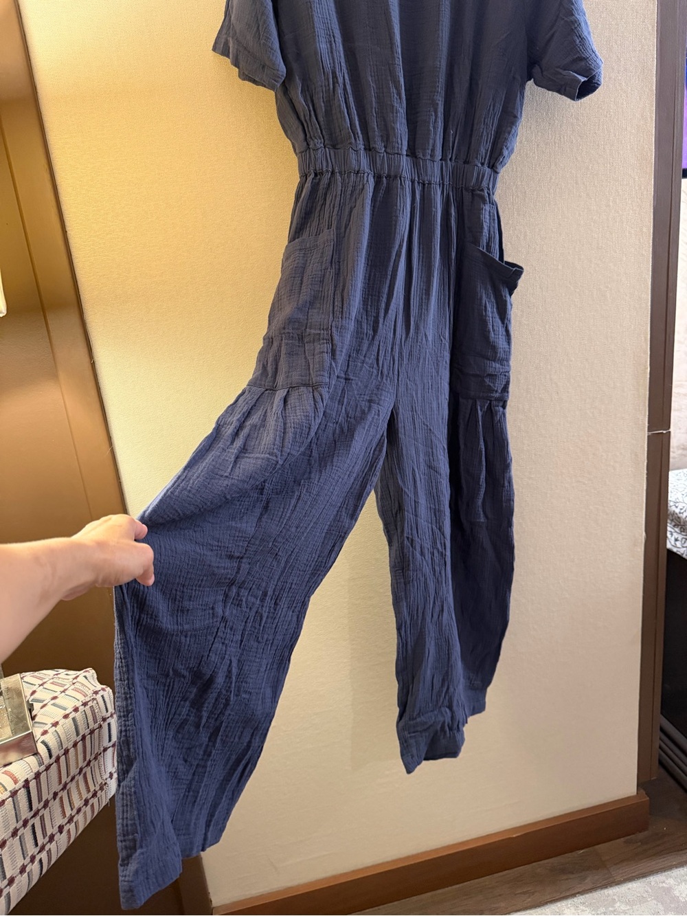 Relaxed Navy Blue Cotton Gauze Jumpsuit with Elastic Waist